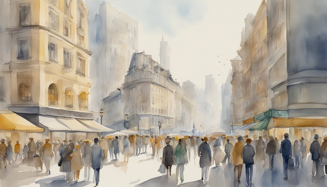 Watercolor painting of bustling city street with pedestrians.