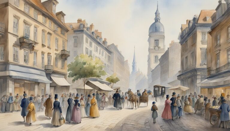 Watercolor painting of a European city street with people and buildings