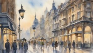 Watercolor painting of bustling historical city street scene.