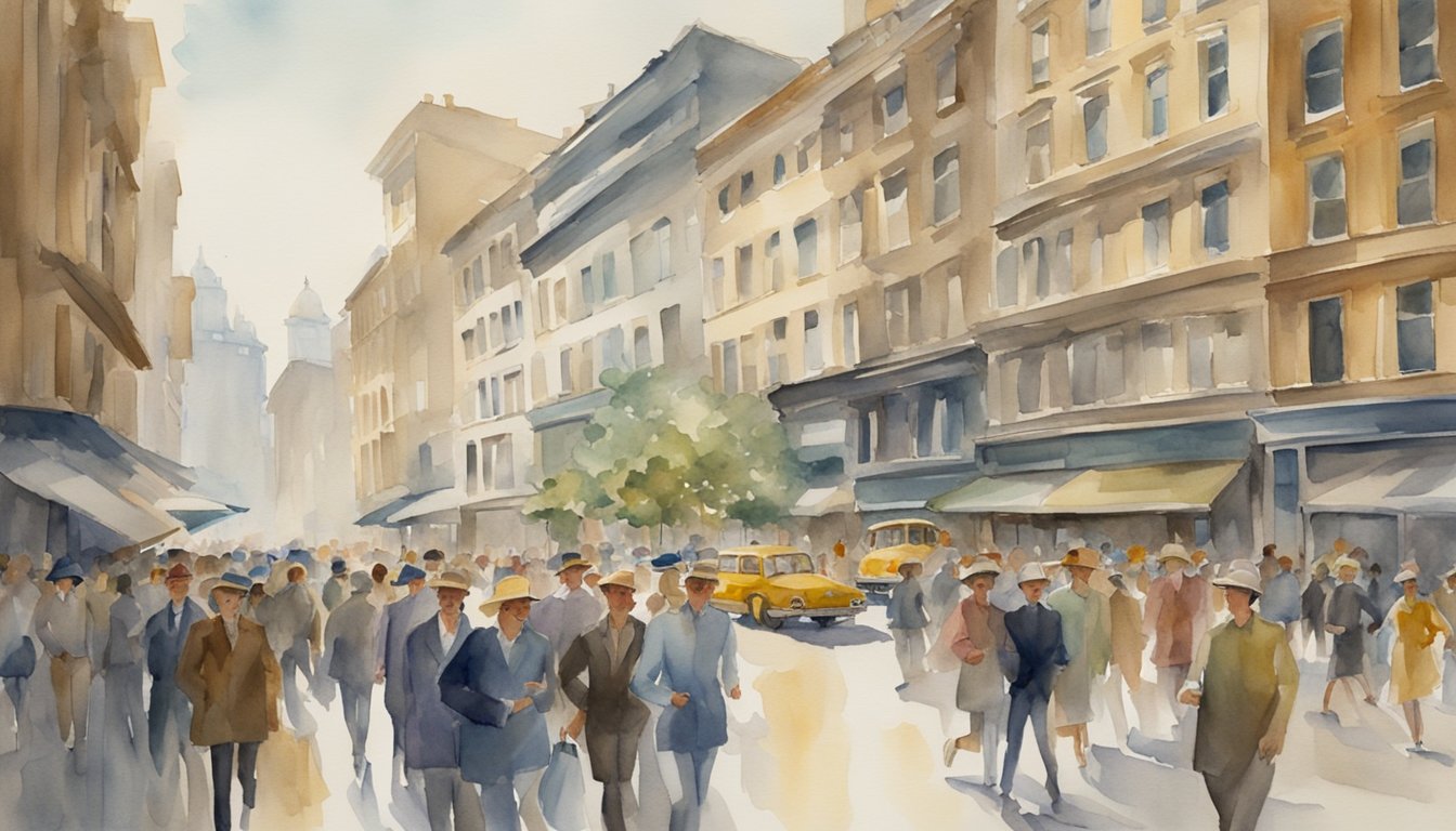 Vintage watercolor of bustling city street scene.