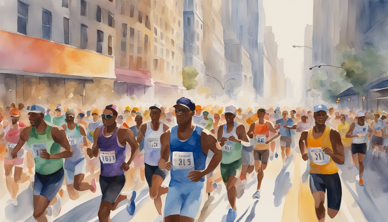 Diverse runners competing in sunny city marathon