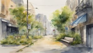 Watercolor painting of a quiet, tree-lined urban street.