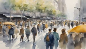 Crowded street scene watercolor painting with umbrellas and trees.