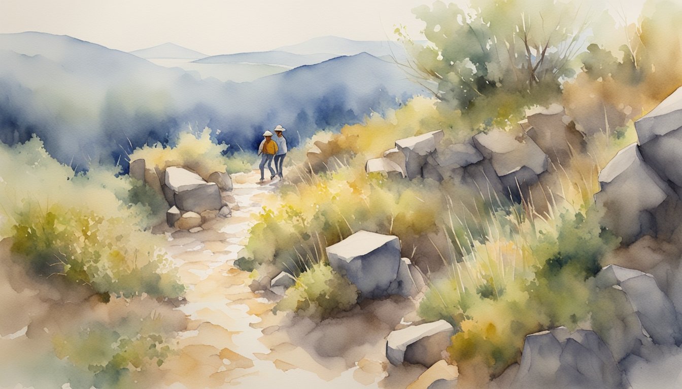 Hikers on mountain trail, scenic watercolor landscape painting.