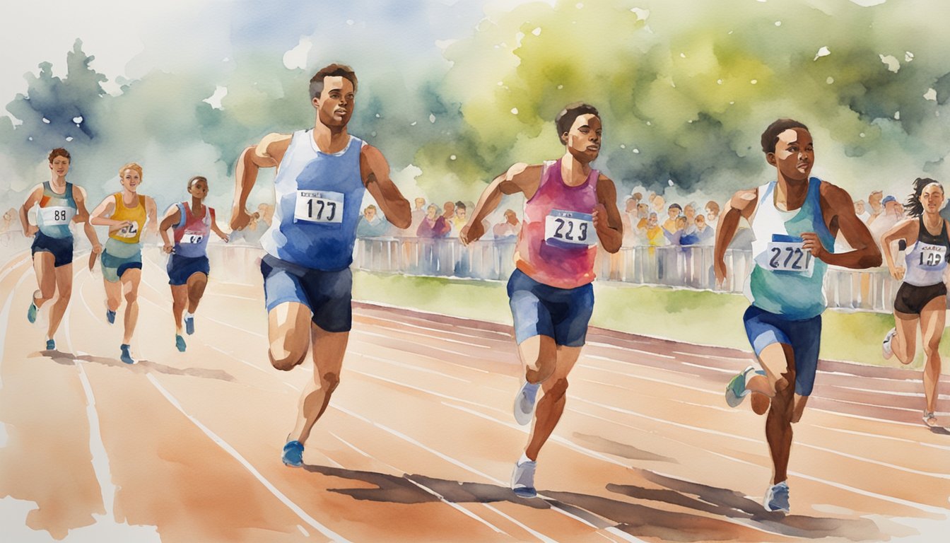 Watercolor painting of athletes competing in track race