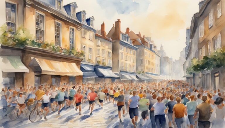 Watercolor of marathon runners in a historic city street.