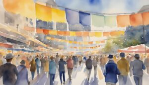 Watercolor painting of a crowded outdoor market festival.