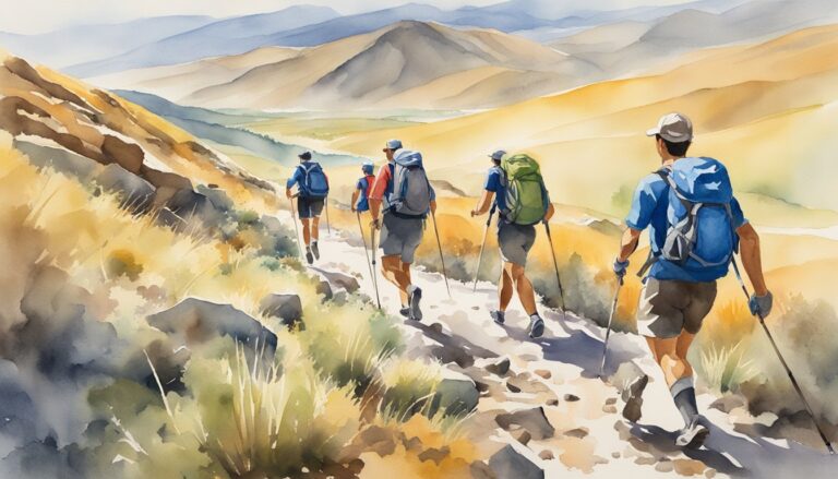 Hikers trekking in scenic mountain landscape.