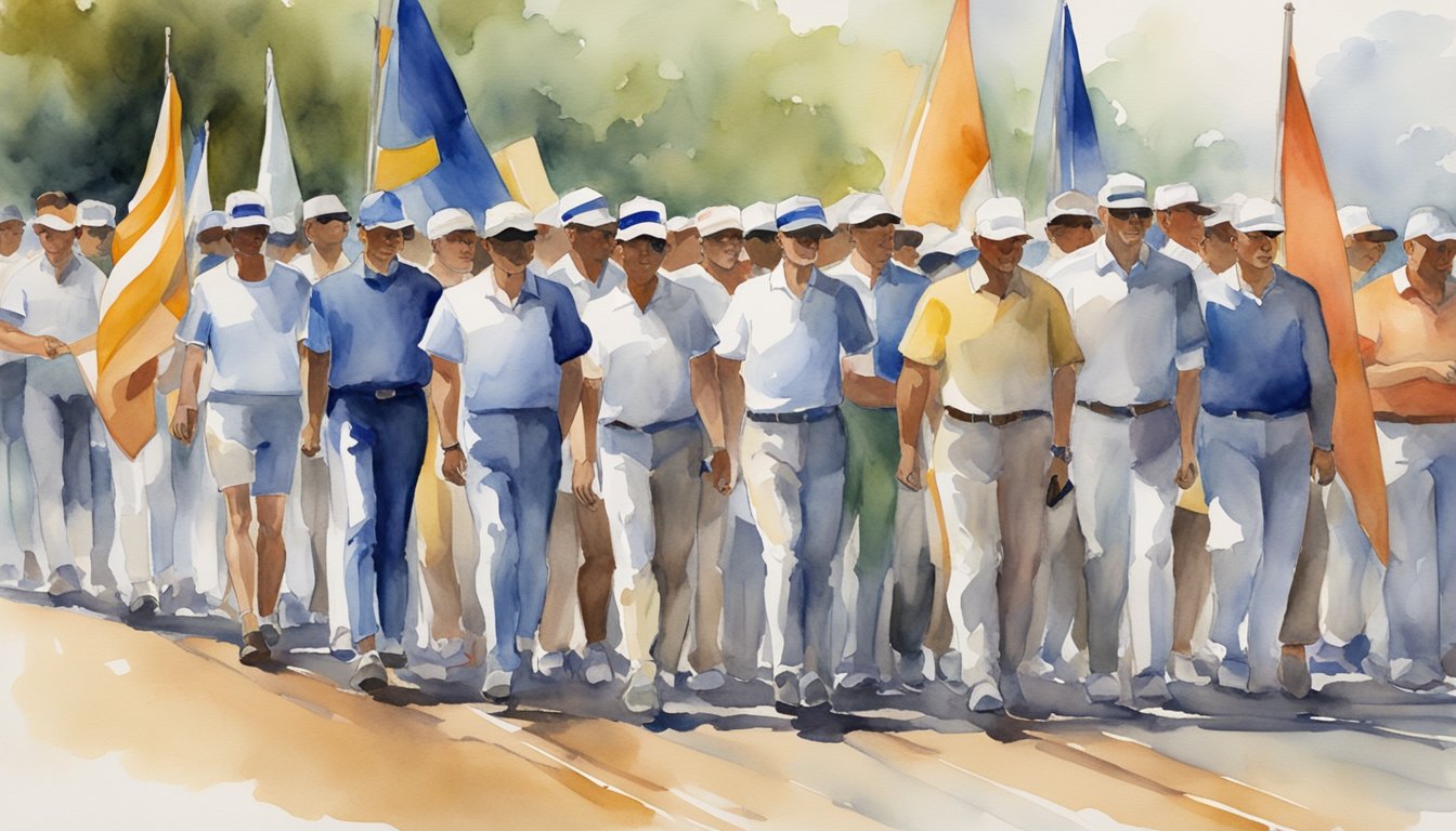 Group of men marching with flags in parade, watercolor painting.