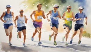 Group of runners competing in a marathon, watercolor style.