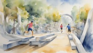 Watercolor of people jogging in a scenic, modern park.