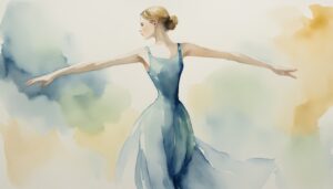 Watercolor painting of a ballerina in blue dress.