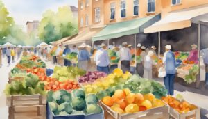 Watercolor painting of bustling outdoor farmers market scene.