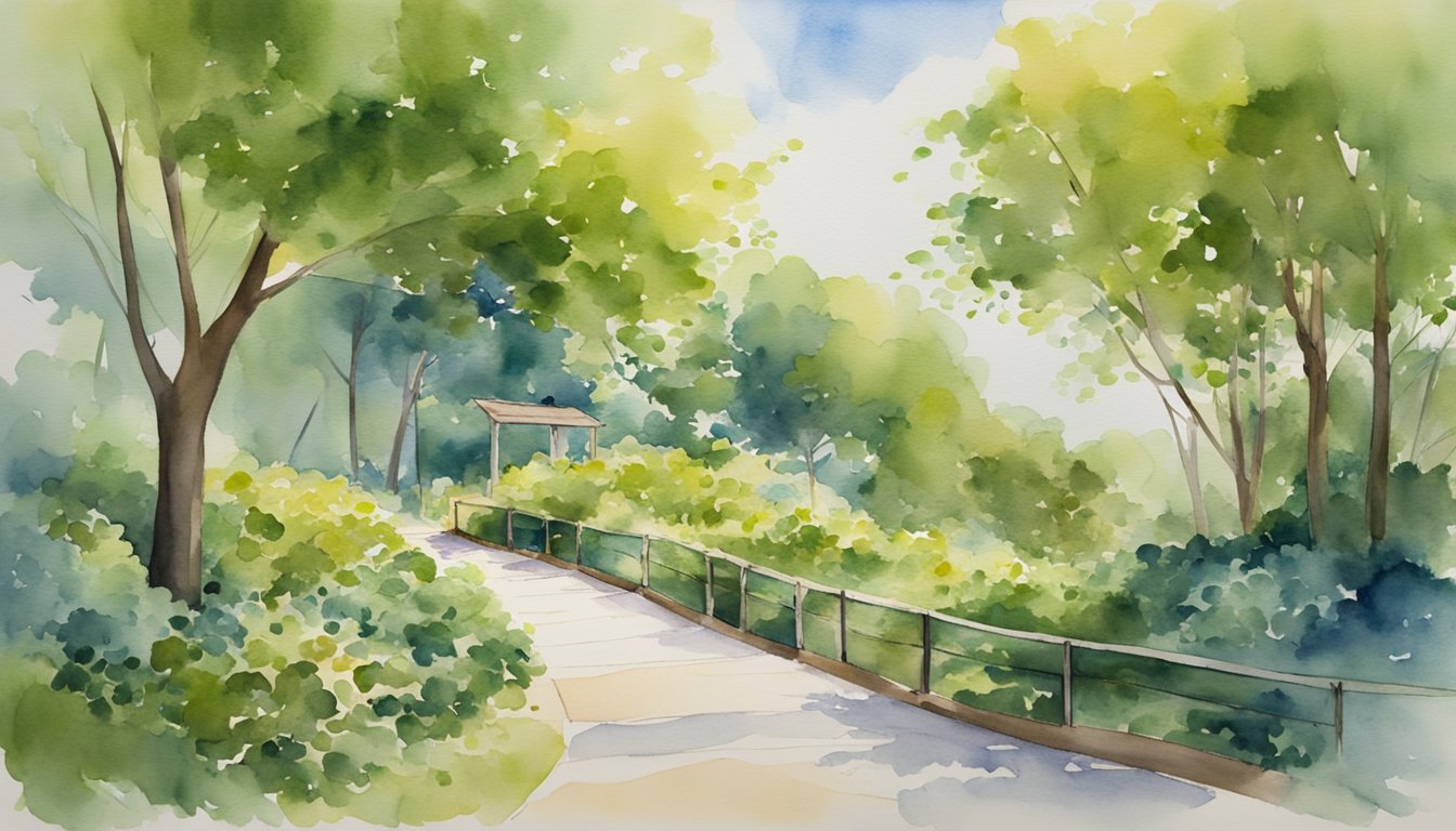 Watercolor painting of a lush, sunlit park pathway.