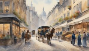 Horse-drawn carriage in bustling, historical market street scene.