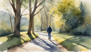 Person walking down a scenic forest path, watercolor painting.