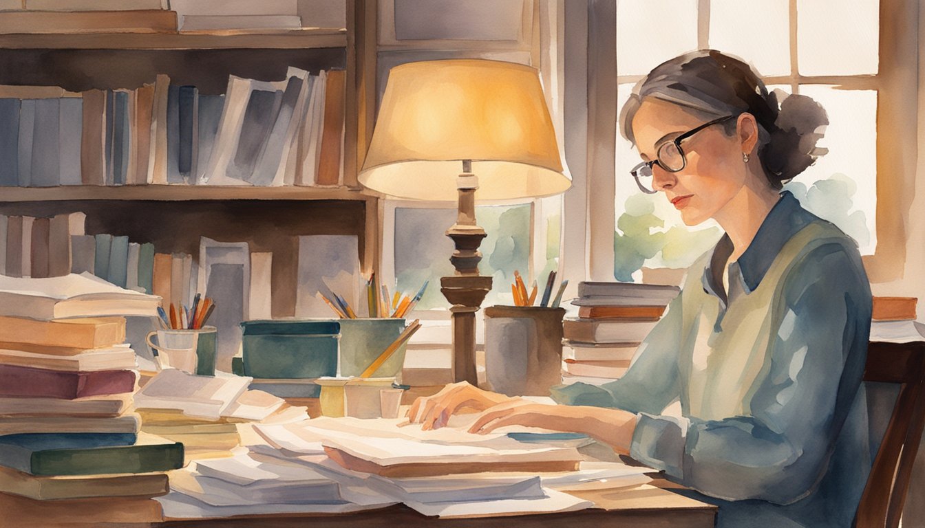 Woman reading by lamp in cozy, book-filled room.