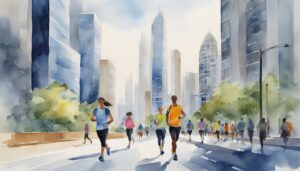 People jogging through a vibrant urban cityscape.