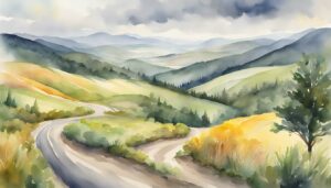 Watercolor painting of a scenic winding road through hills.