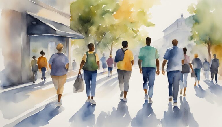 Watercolor painting of diverse people walking in city.