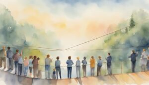 People observing nature from suspension bridge, watercolor illustration.