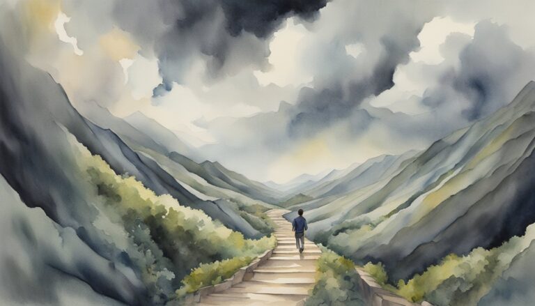 Person walking on mountain path in stormy watercolor landscape.