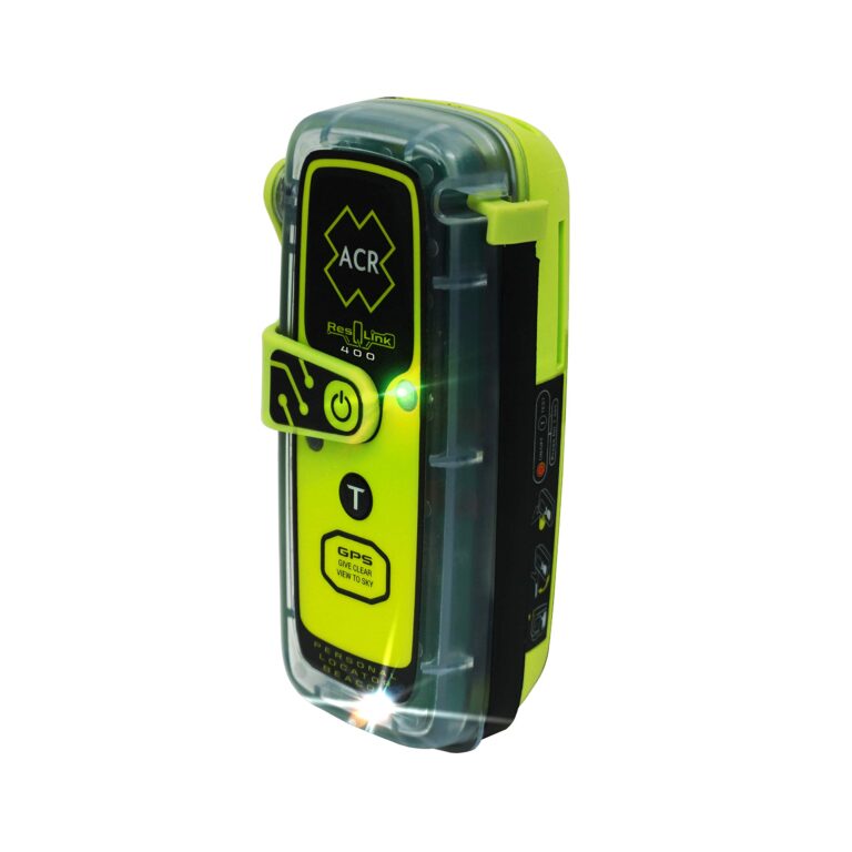 Yellow and black ACR ResLink 400 personal locator beacon with clear protective case