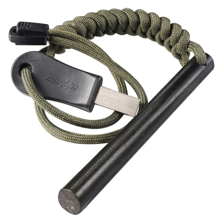 Fire starter kit with a ferro rod, striker, and paracord lanyard