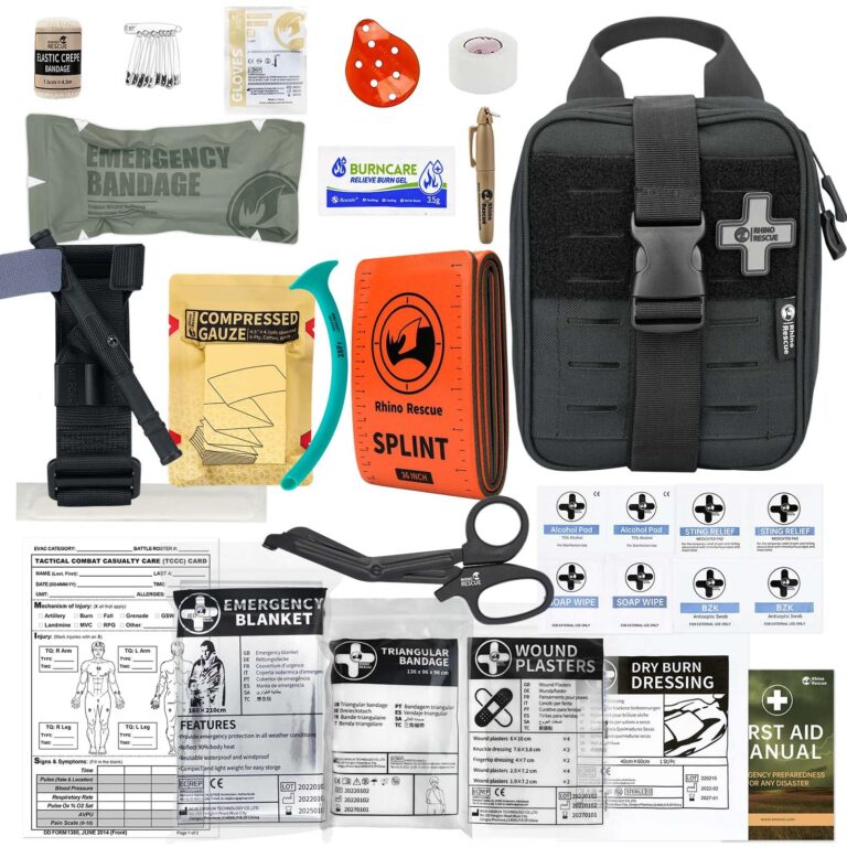 First aid kit with various medical supplies and a black bag
