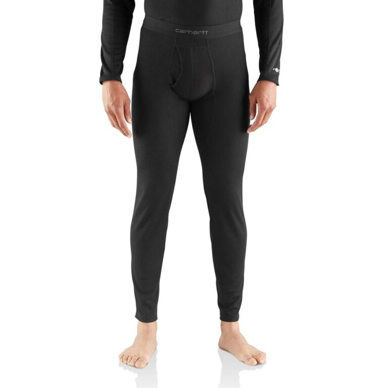 Man wearing black Carhartt thermal underwear, standing, front view