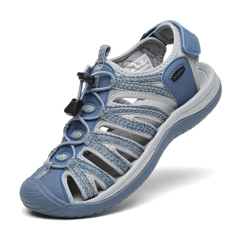 Blue and gray sandal with adjustable straps and a textured design