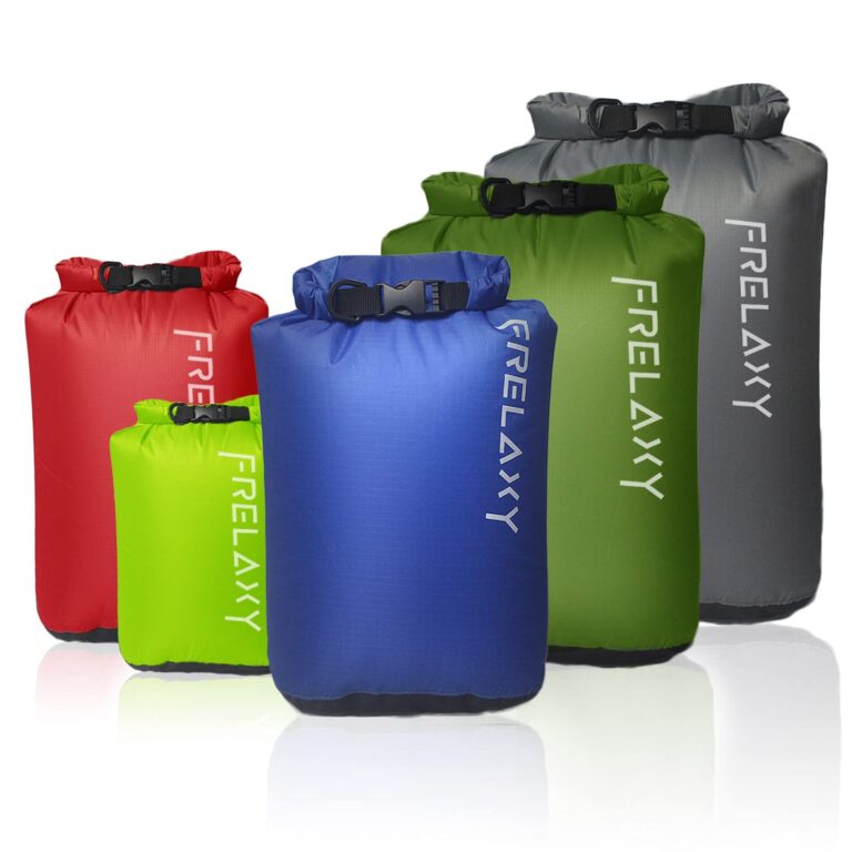 Five colorful waterproof dry bags with roll-top closures and buckles