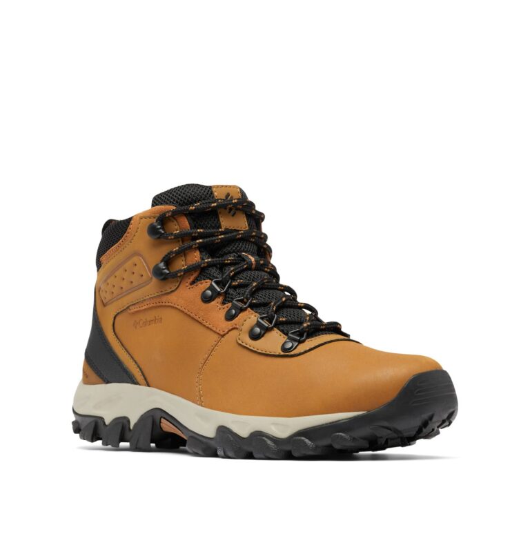 Brown Columbia hiking boot with black and tan accents on white background