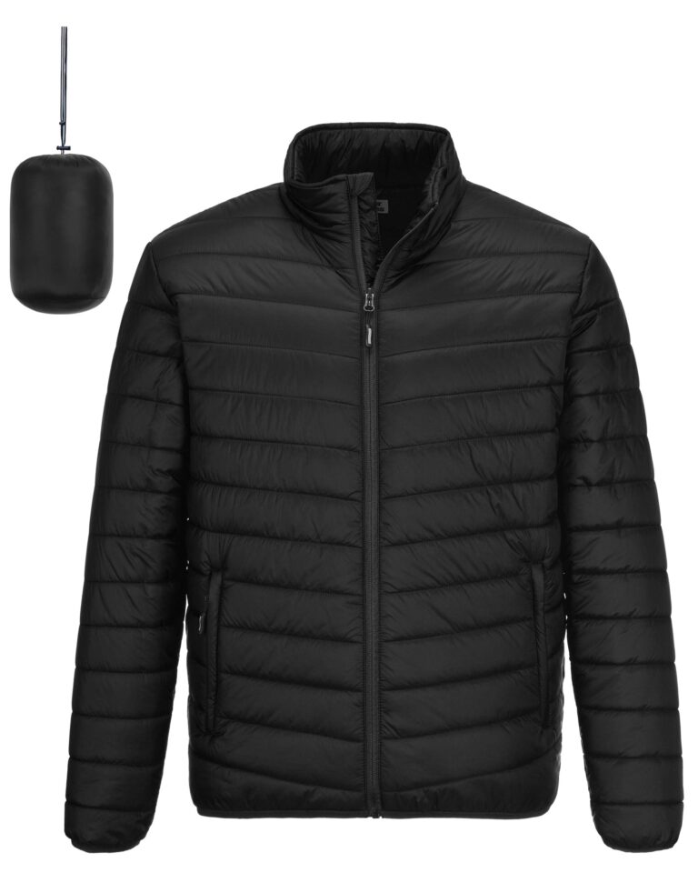 Black puffer jacket with a matching storage bag on a white background