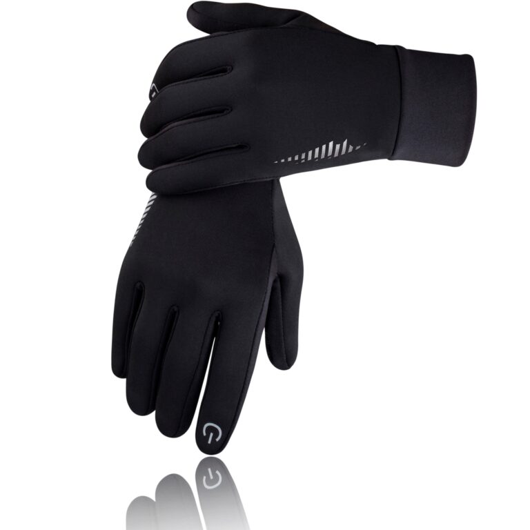 Black gloves with touch screen tips and reflective accents