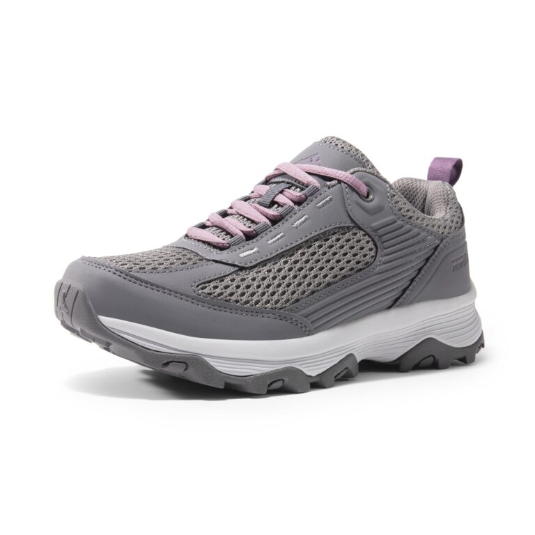 Gray athletic shoe with pink laces and purple pull tab