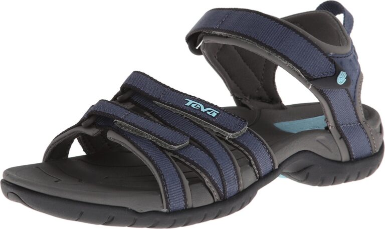 Blue and gray Teva sandal with adjustable straps and a textured sole