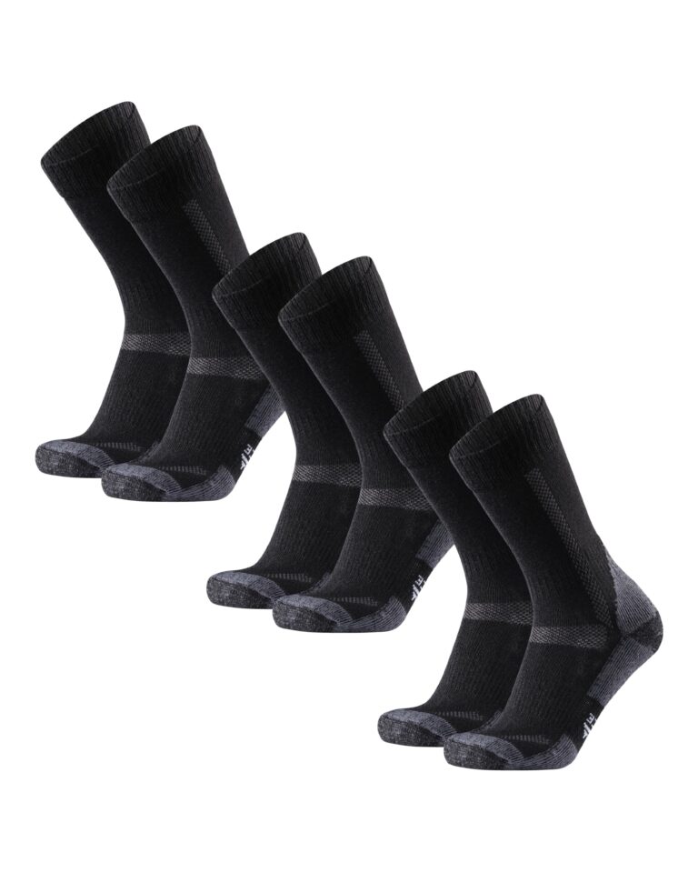 Six black hiking socks with gray accents, arranged on white background