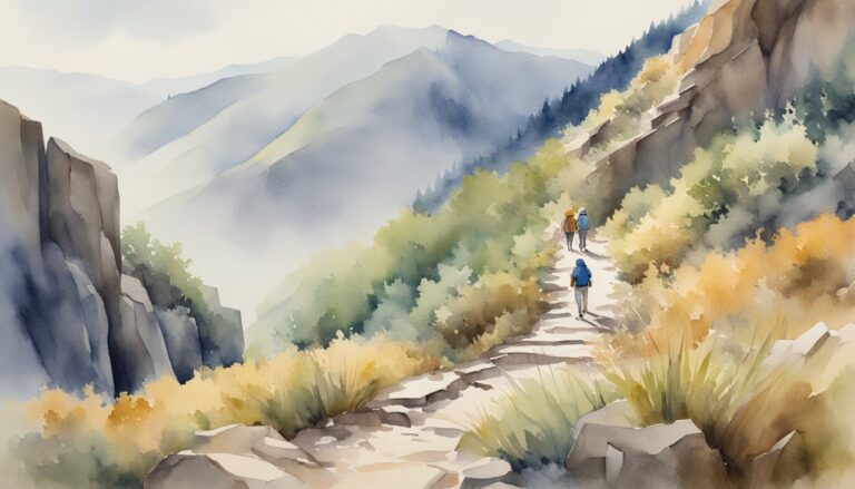Watercolor painting of hikers on a mountain trail with scenic views