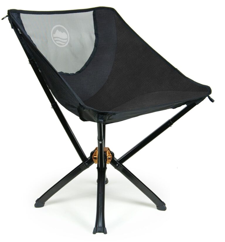 Black and gray folding camping chair with a mountain logo on the back