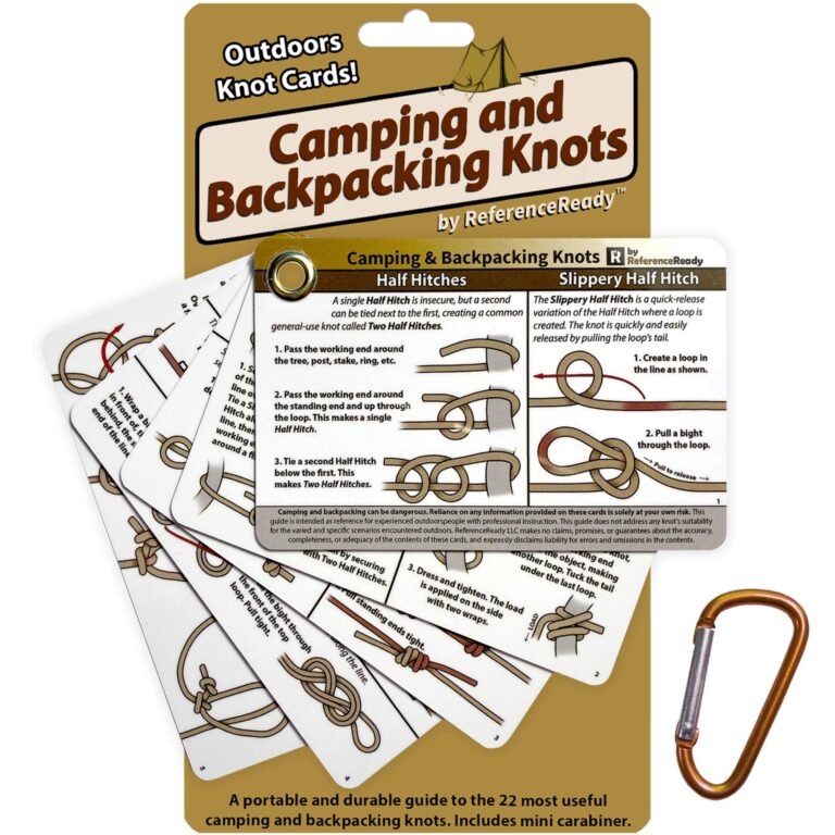 Camping and backpacking knot cards with instructions, diagrams, and a carabiner