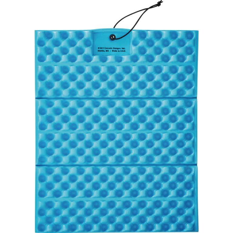 Blue, folding foam seat with dimpled surface and hanging cord