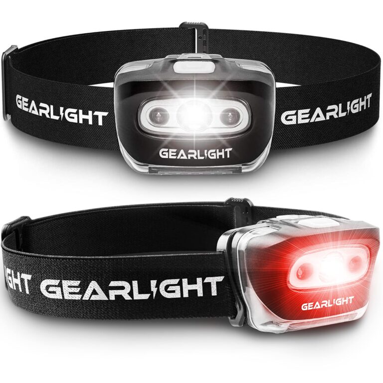 Two Gearlight headlamps, one white light, one red light, on black straps