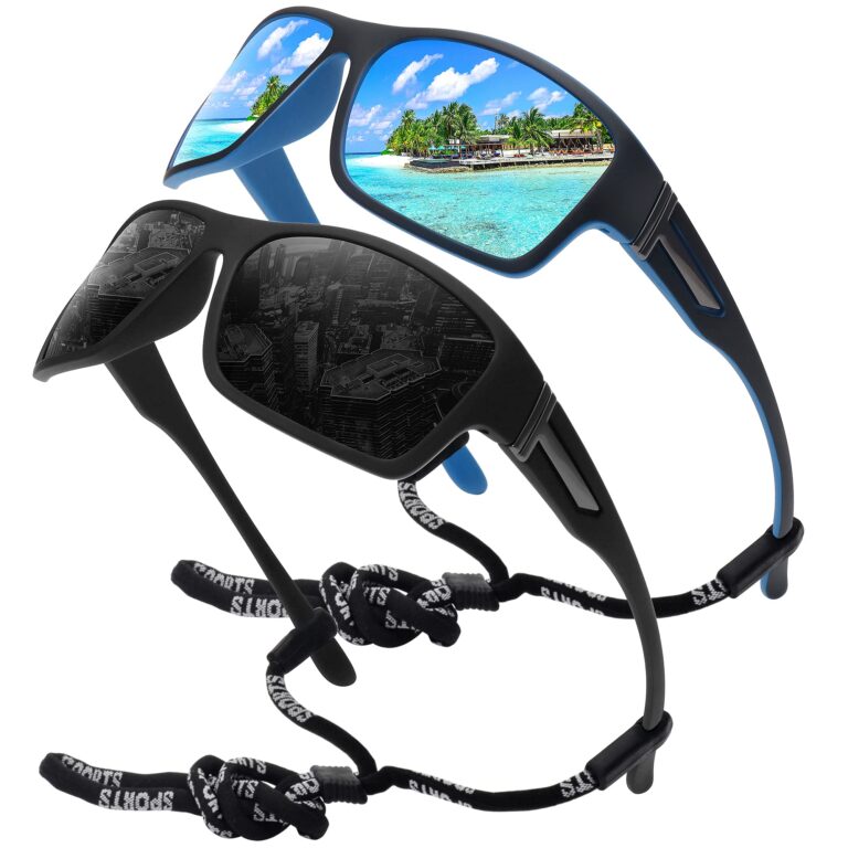 Two pairs of sunglasses, one with beach reflection, the other with city reflection