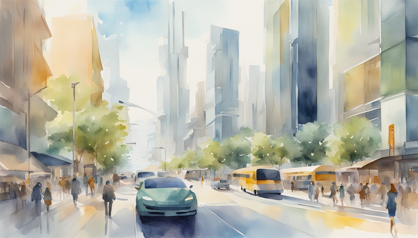 A modern city street with futuristic architecture and a mix of traditional and high-tech pedestrian race formats