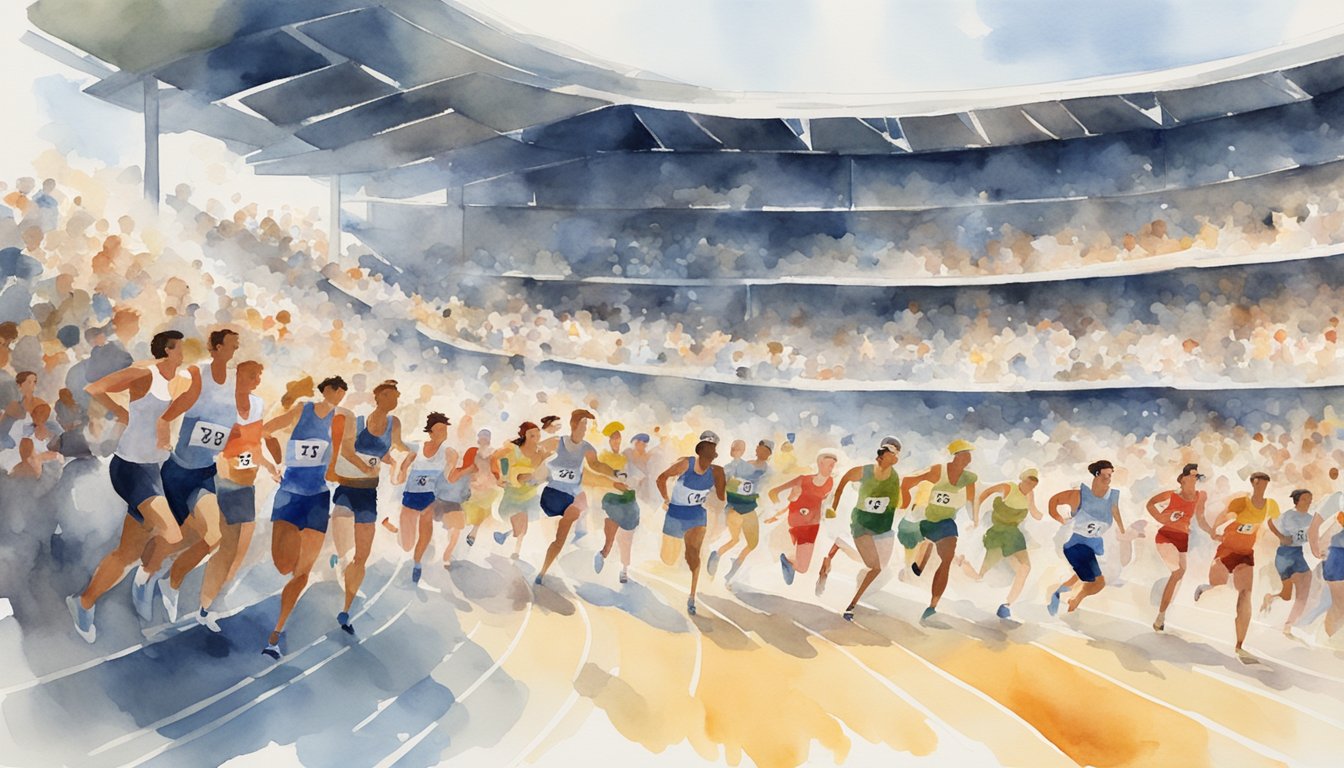 A crowded stadium filled with cheering spectators as modern pedestrian athletes race around a track, their movements swift and determined