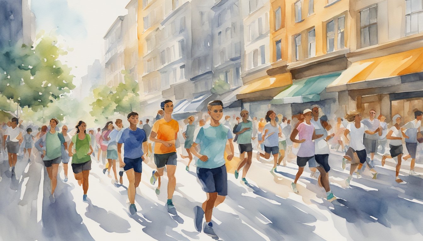 A bustling city street filled with modern pedestrian athletes, showcasing the cultural and societal impacts of pedestrianism through their active and vibrant movements