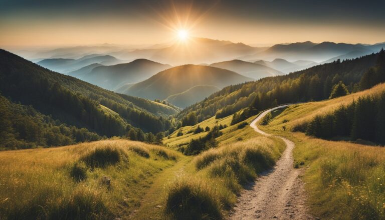 Scenic mountain landscape with a winding path and bright sun