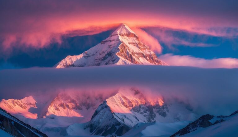 Snow-capped mountain peaks with pink clouds at sunset