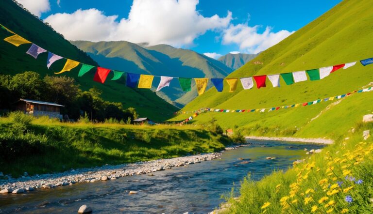 Scenic valley with river, prayer flags, green hills, and small buildings